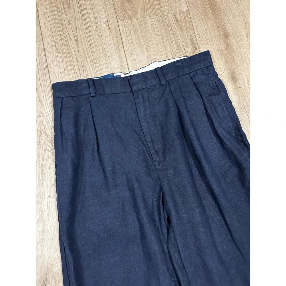 Polo Ralph Lauren Mens 32x30 Navy Blue 100% Linen Pleated Cuffed Trousers Pants